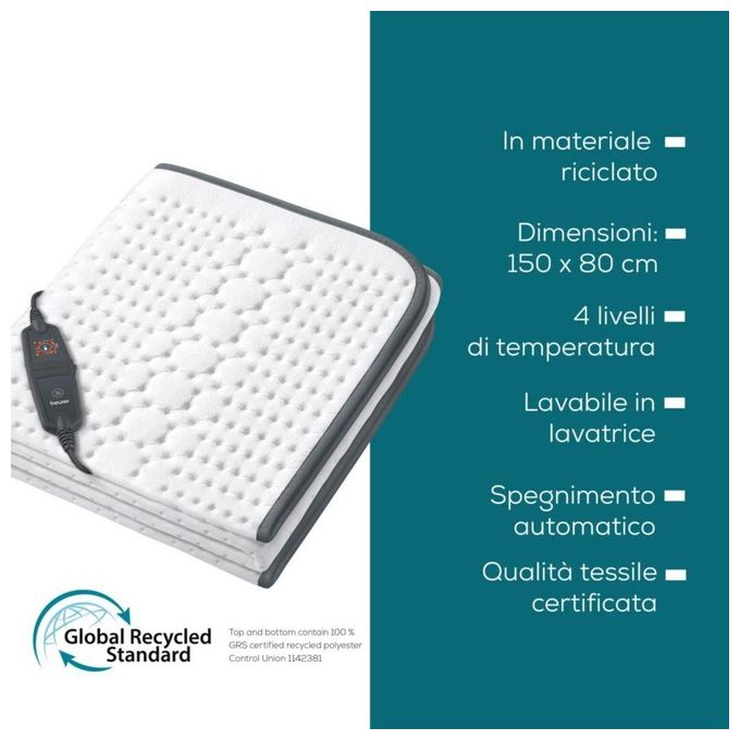 Beurer UB 60 Green Planet Scaldaletto Coprimaterasso Termico Singolo 150x80 cm 60 W 4 Livelli di Temperatura Lavabile colore Bianco
