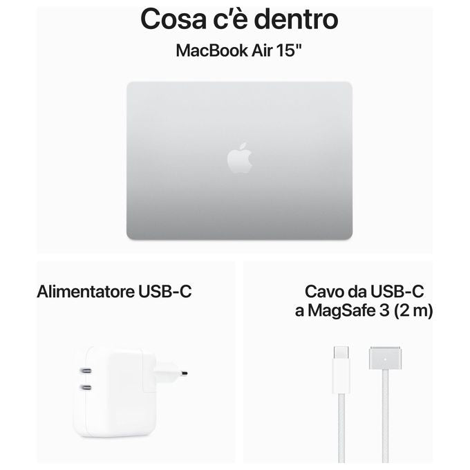 Apple MRYQ3T-A MacBook Air 15'' Computer portatile Chip M3 CPU 8-core GPU 10-core 8 GB 512 GB SSD colore Argento