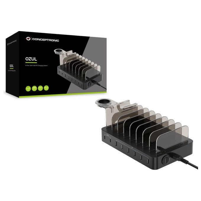 Conceptronic OZUL02B Stazione di Ricarica USB 8 Porte 75W USB-C PD 3.0 20W USB-A 35W colore Nero