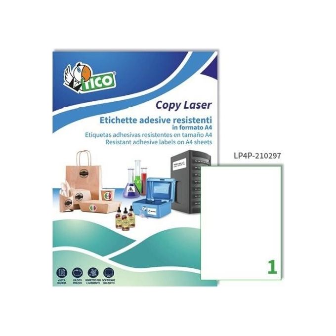 Tico Italia LP4P-210297 Etichette Adesive in Poliestere Bianco Opaco Stampabili con Stampante Laser 1 Etichetta per Foglio A4 70 Fogli per Confezione colore Bianco