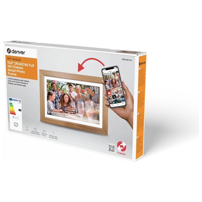 DENVER 119101050130 FRAMEO Cornice Digitale 15,6'' Full HD IPS Touchscreen 16 GB memoria interna espandibile con microSD Wi-Fi inclusa app FRAMEO colore Legno Chiaro