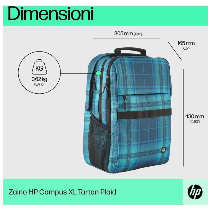 HP 7J594AA Zaino Campus XL per Laptop fino a 16.1'' con Cerniera Bloccabile e Materiale Antipioggia colore Blu