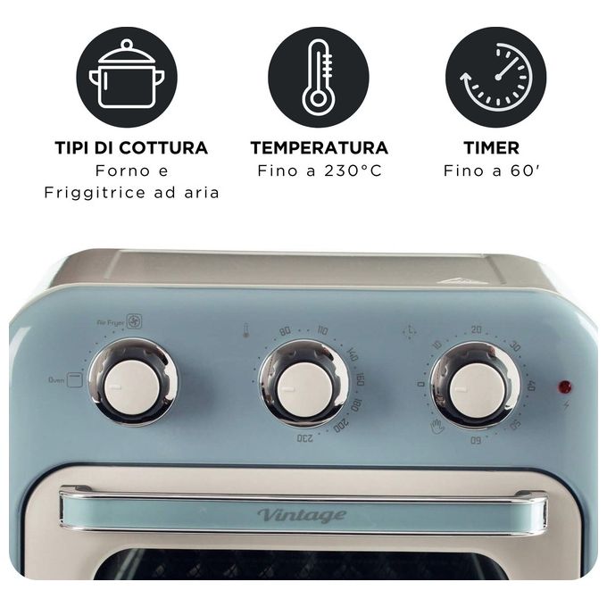 Ariete 4632 Friggitrice ad aria 2in1 Vintage 16 L 1400 W Timer 60 min Funzione Rotisserie colore Celeste