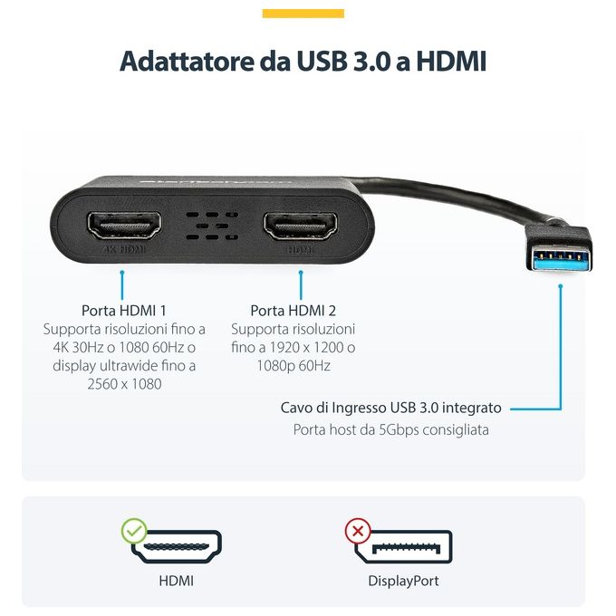 StarTech USB32HD2 Adattatore USB 3.0 a Dual HDMI 1x 4K 30Hz 1x 1080p 60Hz colore Nero
