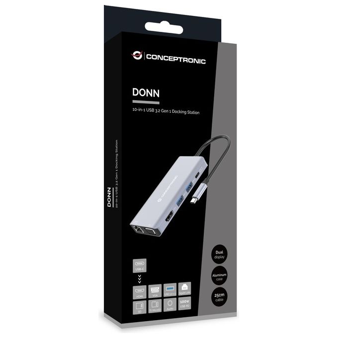 Conceptronic DONN20G Docking Station 10-IN-1 USB 3.2 Gen 1 Type-C HDMI VGA USB-C PD 3x USB 3.0 Gigabit Ethernet SD TF AUX 100 W colore Grigio