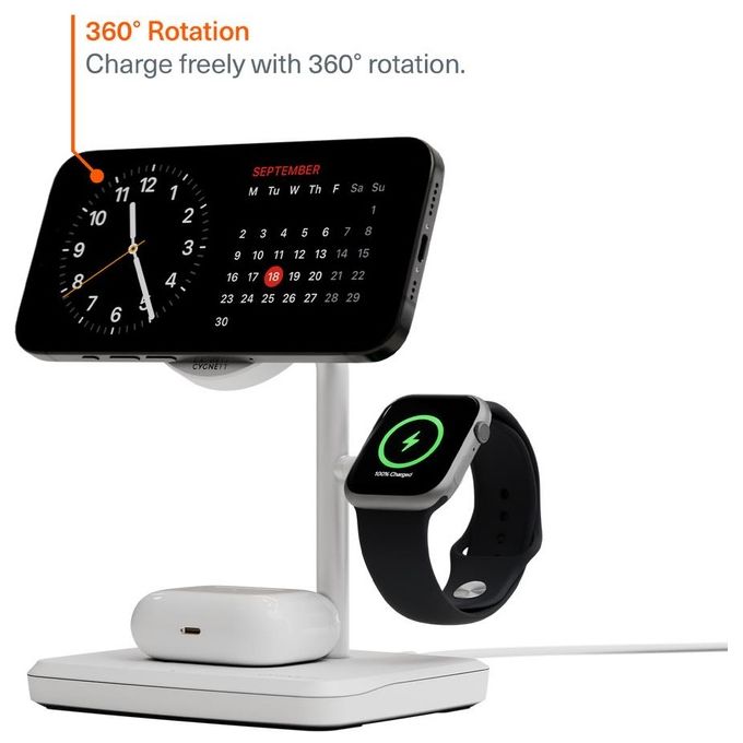 Cygnett CY5101BUNCP ChargeBase Base di Ricarica Wireless 3 in 1 Qi2 15W per iPhone AirPods Apple Watch colore Bianco