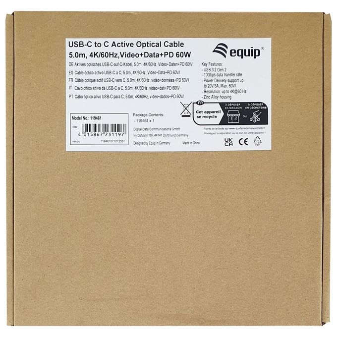 Equip 119461 Cavo Ottico Attivo USB-C a USB-C 5 m 10 Gbps 4K@60Hz PD 60W colore Nero