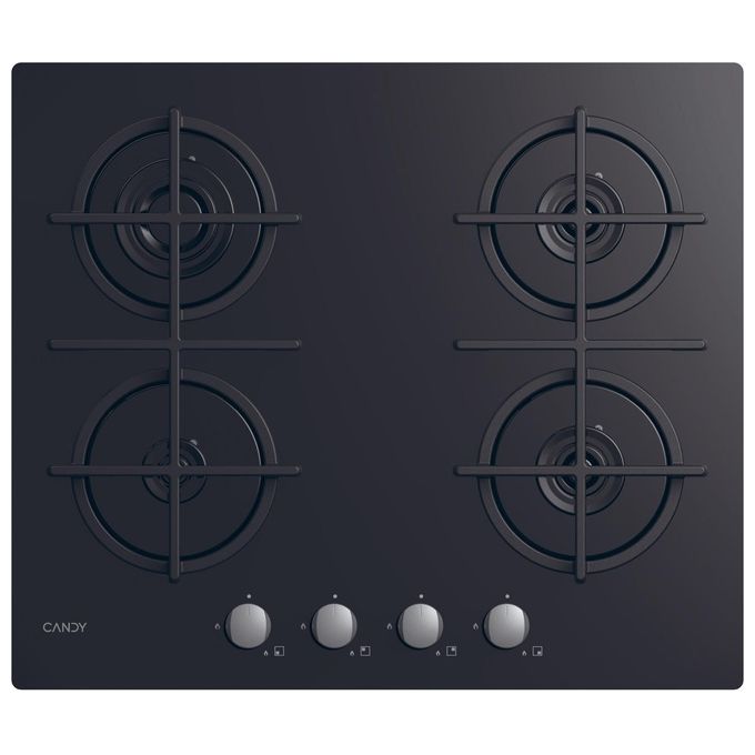 Candy CVG6B New Timeless Piano cottura a gas su vetro 60 cm 4 fuochi griglie in ghisa manopole inox colore Nero