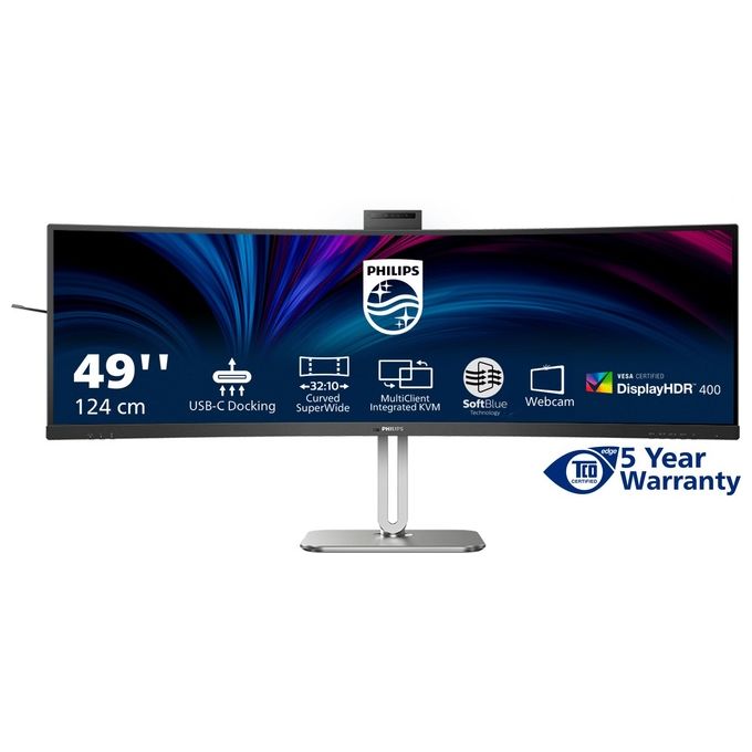 Philips 49B2U6900CH Monitor PC Curvo 49'' Dual QHD 5120x1440 USB-C 100W Webcam 5MP Hub USB DisplayPort HDMI colore Nero