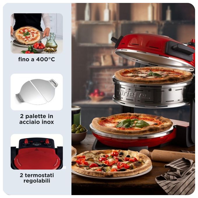 Ariete 927 Pizzeria Forno Pizza Doppio 2300 W 2 Pietre Refrattarie 32 cm 400°C 5 Livelli di Cottura colore Rosso
