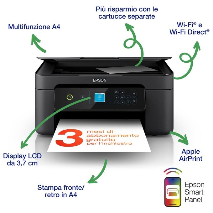 Epson C11CK66404 Expression Home XP-3205 Stampante Multifunzione Inkjet A4 5760x1440 DPI 10 ppm Wi-Fi Display LCD colore Nero