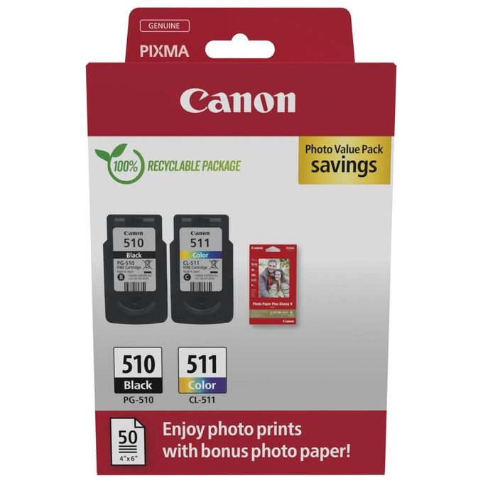 Canon 2970B017 Multipack Cartuccia Originale Nero + Colori con 50 Fogli Carta Fotografica 10x15 cm colore Nero + Colori