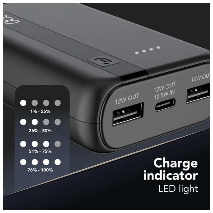 Cellular Line Power Bank 10000 mAh Input USB-C 10.5W Output 2xUSB 12W Li-ion LED luminosi indicano carica residua Nero