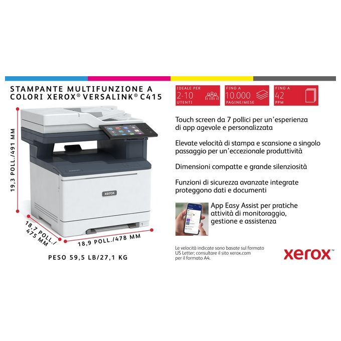 Xerox C415V_DN VersaLink Stampante Multifunzione Laser Colore A4 40 ppm Fronte Retro 2 Vassoi 251 Fogli colore Grigio