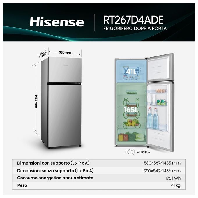 Hisense RT267D4ADE Frigorifero Doppia Porta 206 L 143,4 cm Classe E 40 dB Statico colore Argento