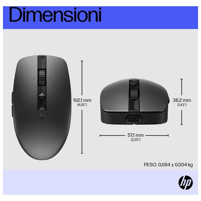 HP 6E6F0AA 715 Mouse Multidispositivo Ricaricabile Wireless Bluetooth 5.3 7 Pulsanti 3000 DPI Ambidestro Clic Silenzioso colore Nero