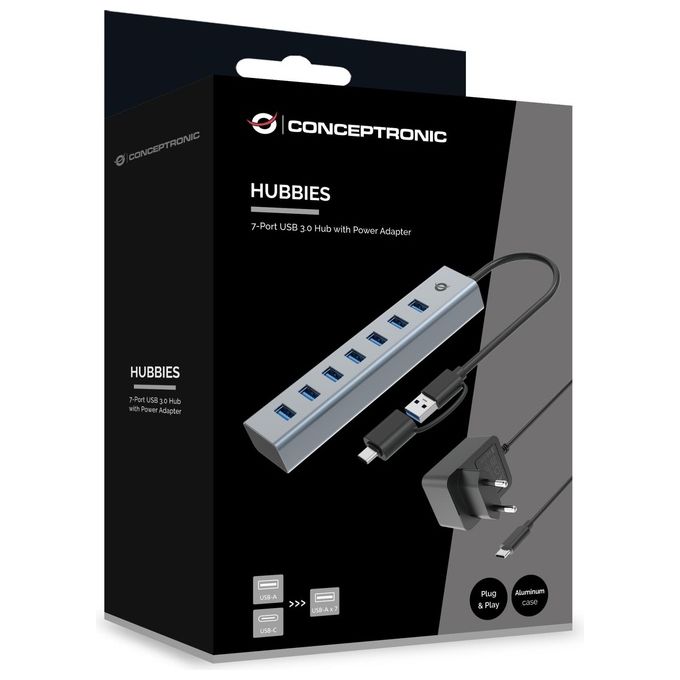 Conceptronic HUBBIES21GP Hub USB 3.2 Gen 1 Type-A 7 porte 5000 Mbit-s Plug and Play colore Grigio