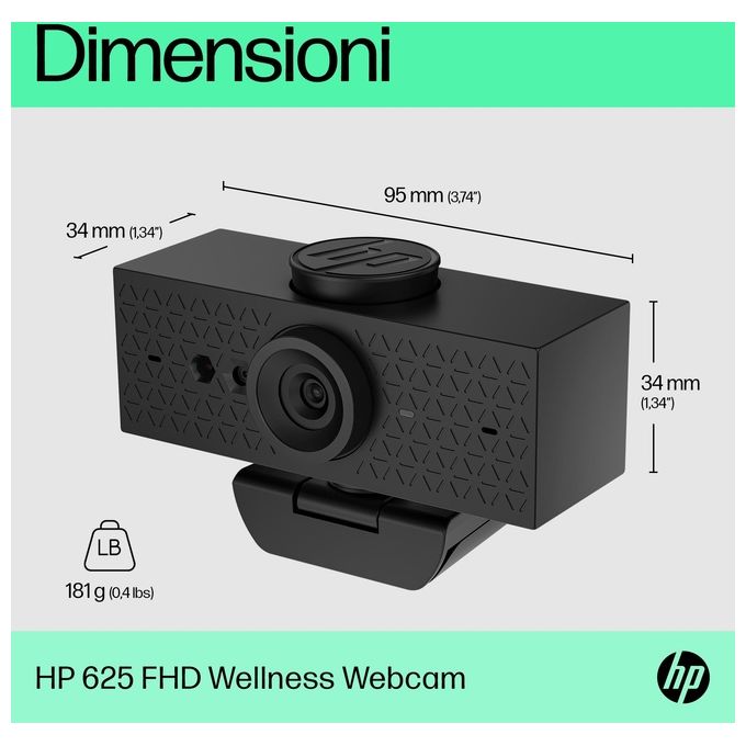 HP 6Y7L1AA#ABB Webcam HP 625 FHD Full HD 1920x1080 4 MP con Windows Hello Microfono Doppio Cancellazione Rumore Autofocus Coperchio Privacy Rotazione 360° colore Nero