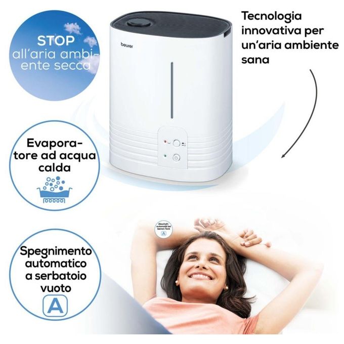 Beurer 686.05 LB 55 Umidificatore a Vapore Caldo per Ambienti fino a 50 m² con 2 Livelli di Umidificazione 400 ml-h e Spegnimento Automatico colore Bianco
