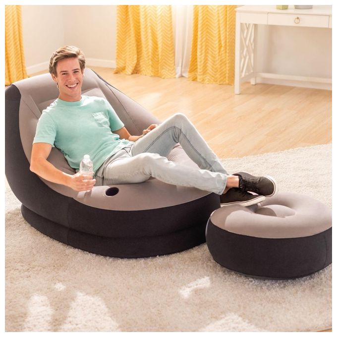 Intex 68564NP Poltrona Lounge 102 x 137 x 79 cm con Poggia Piedi 64 x 28 cm Grigio-Nero Tinta Unita Single