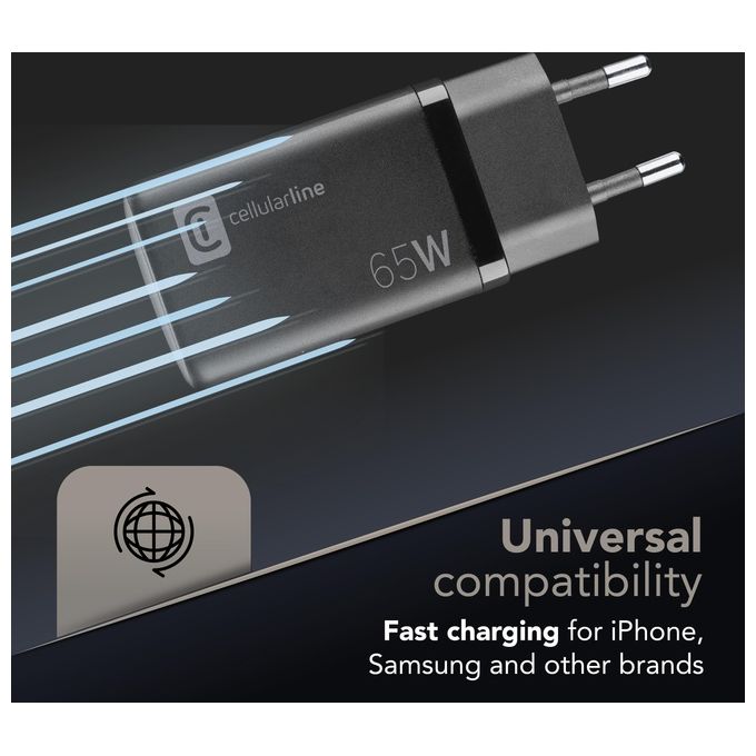 Cellularline ACHUSBGAN3PD65WK Multipower Micro Caricabatterie GaN 65W 3 Porte USB-C Power Delivery colore Nero