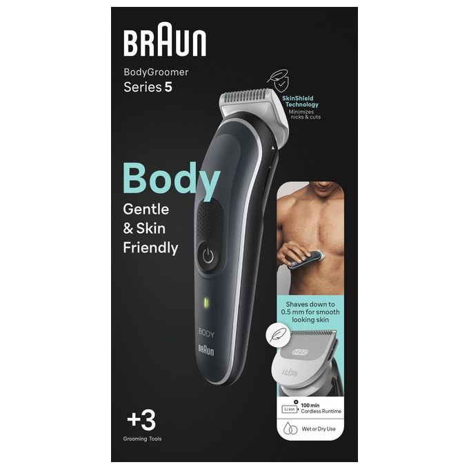 Braun BG5340 Serie 5 Depilatore Corpo Uomo SkinShield uso bagnato e secco autonomia 100 min colore Nero Grigio