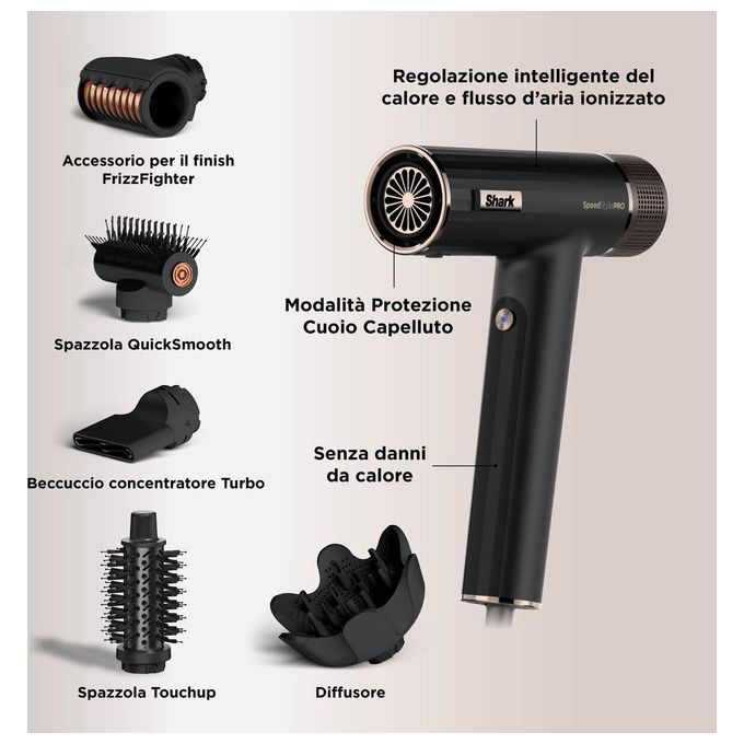 Shark HD752EU SpeedStyle Pro Asciugacapelli 1750 W Tecnologia Ionica 5 Accessori inclusi colore Nero