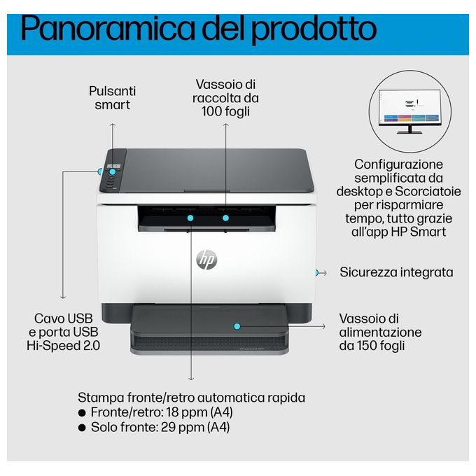 HP 8J9K4F LaserJet M234d Stampante Multifunzione Laser Mono A4 29 ppm Fronte Retro Automatico USB Apple AirPrint colore Grigio