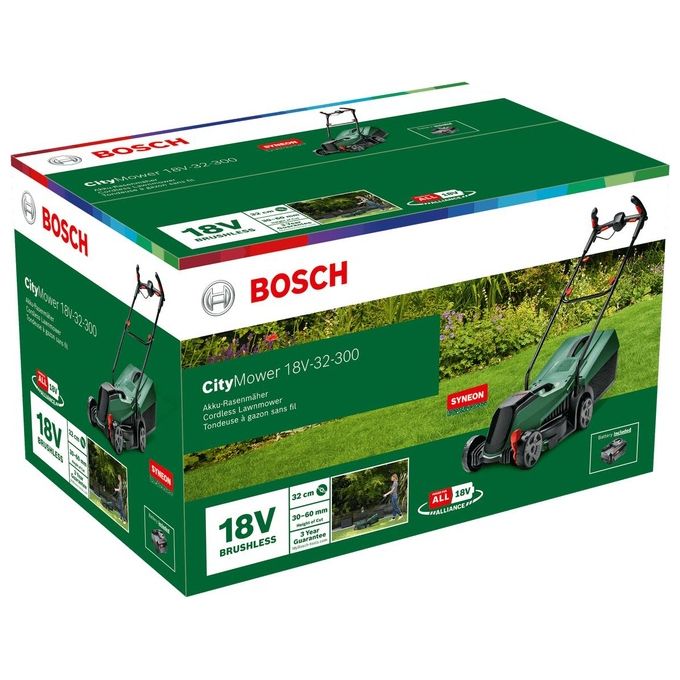 Bosch 06008B9A07 CityMower Tagliaerba a spinta Batteria 18 V 4 Ah 32 cm larghezza di taglio 300 m² 9,4 Kg colore Nero Verde