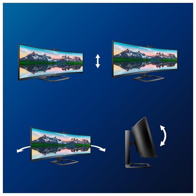 Philips Monitor Curvo 49'', 499P9H, Gaming Superwide 32:9, risoluzione 5120*1440, Adaptive Sync, HDR 400, Multiview con KVM Switch integrato, Docking station USB-C, Microfono, Low Blue, Vesa, Nero