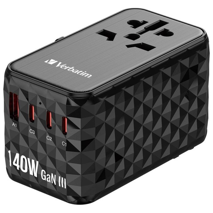 Verbatim 32125 GaN III Caricabatterie Universale da Viaggio 140W 4 Porte USB-C USB-A Power Delivery 3.1 Quick Charge 4+ colore Nero