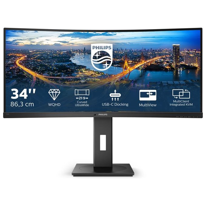 Philips Monitor 346B1C Gaming Monitor Curvo 34'' 21:9 WQHD, 100 Hz, Adaptive Sync, Multiview (PiP, PbP), KVM e Audio Integrati, HDMI, Display Port, Docking Station USB-C, RJ45, Regolabile Ergonomicamente, Vesa