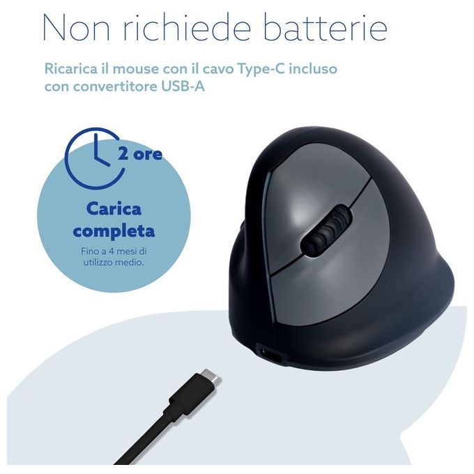 R-Go Tools RGOHEWLL Mouse Ergonomico Verticale con Software Pausa 5 Pulsanti 2400 DPI Bluetooth 5.0 colore Nero