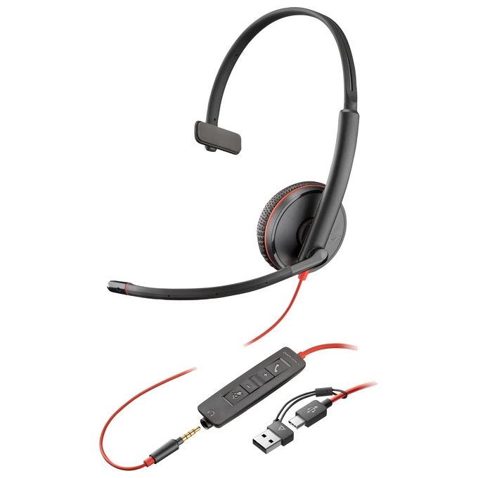 HP Poly 8X227A6 Blackwire 3215 Auricolare Monoaurale USB-C e Jack 3,5 mm con Adattatore USB-C-A Lunghezza Cavo 2,27 m colore Nero