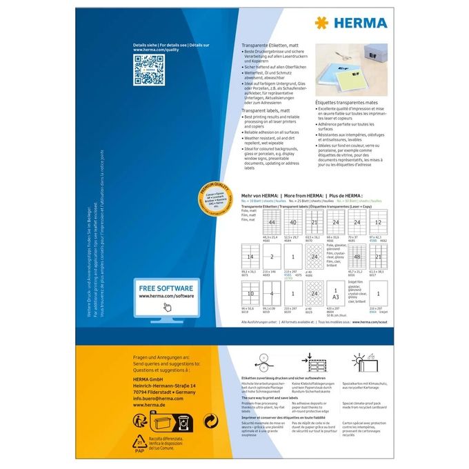 HERMA 10783 Etichette in Film Trasparente Opaco A4 210 x 297 mm Stampabili per Stampanti Laser 80 Fogli colore Trasparente