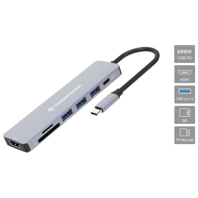 Conceptronic DONN19G Replicatore di Porte e Docking Station per Notebook Cablato Usb 3.2 Gen 1 Type-C Grigio