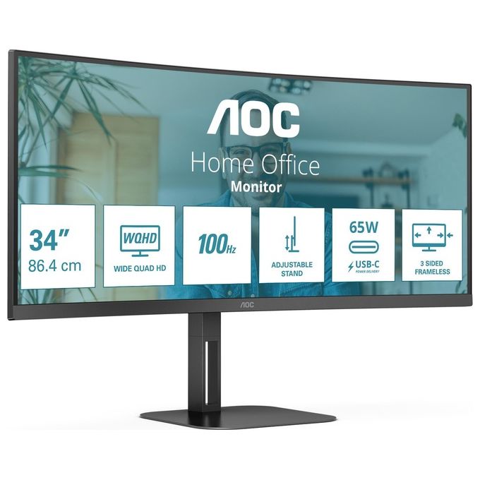 AOC CU34V5C-BK Monitor PC 34'' WQHD 3440x1440 LED VA Curvo 100Hz FreeSync USB-C 65W Altoparlanti 10W Regolabile Altezza VESA colore Nero