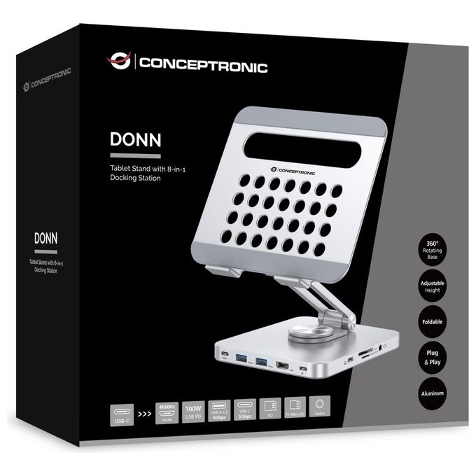 Conceptronic DONN26G Supporto per Tablet con Docking Station 8 in 1 USB 3.2 Gen 1 HDMI 4K 100W Power Delivery colore Argento