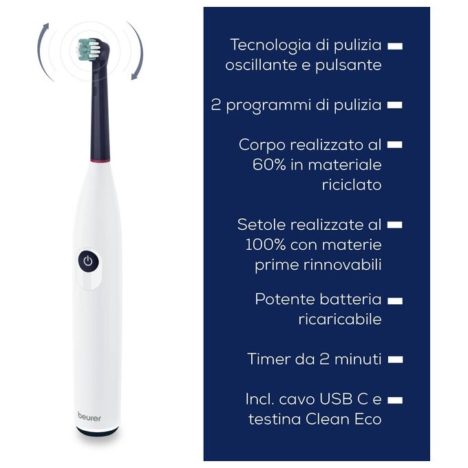 Beurer TB 15 Green Planet Spazzolino Elettrico con tecnologia oscillante e rotante - Durata batteria: 12 giorni -2 modalita' di spazzolamento (pulizia quotidiana e denti sensibili) - Timer di 2 minuti - Luce LED per livello di carica - Incl. Testina - Inc