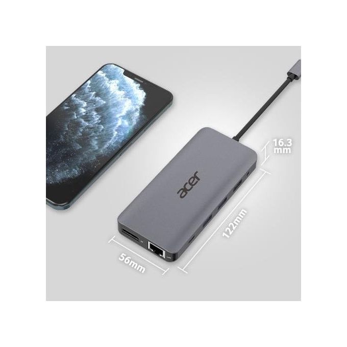 Acer HP.DSCAB.009 12-in-1 Type-C Dongle Multiporta con 2 HDMI 2 USB 3.2 Gen 1 2 USB 2.0 DisplayPort Ethernet Gigabit Lettore SD-MicroSD Uscita Audio 3.5 mm Power Delivery 100 W colore Argento
