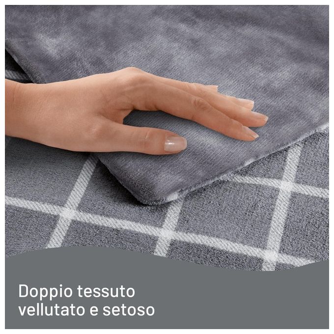 Imetec 16775 Adapto Velvet Square Plaid Riscaldabile 150x95 cm 150W 6 Temperature Timer Lavabile in Lavatrice colore Grigio Bianco