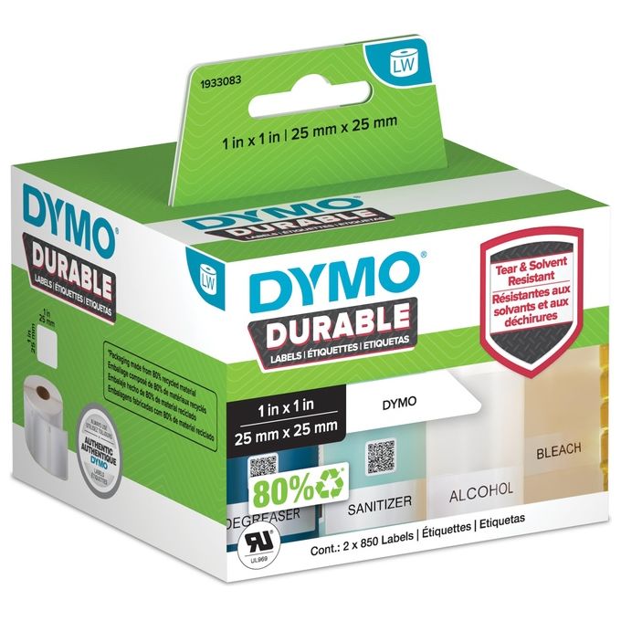 DYMO Etichette lw Durable Mutliuso 25x25 mm - Bianco - Permanente 850 Etichette x 2 Rotolo i