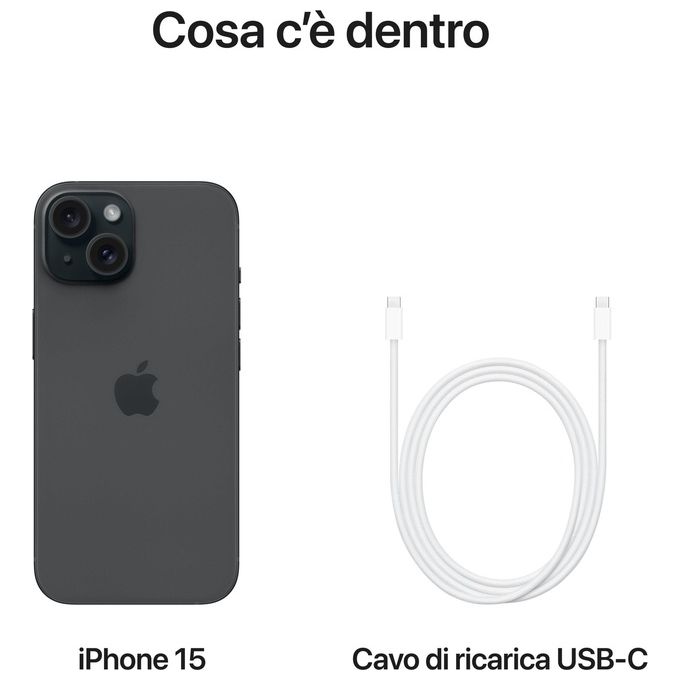 Apple MTP63QL-A iPhone 15 Smartphone 6.1'' 256GB 5G chip A16 Bionic fotocamera 48MP IP68 colore Nero
