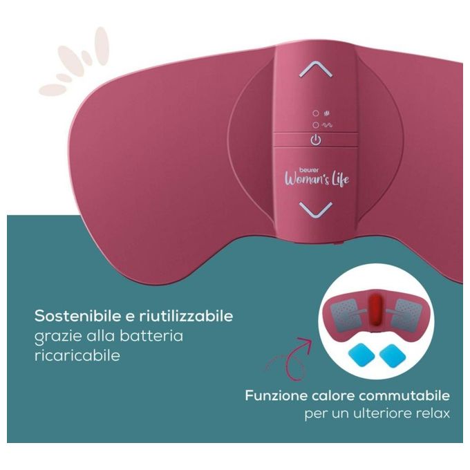 Beurer EM50 Menstrual Relax Dispositivo TENS con Funzione Riscaldante 15 Livelli di Intensita' Batteria Ricaricabile colore Rosa