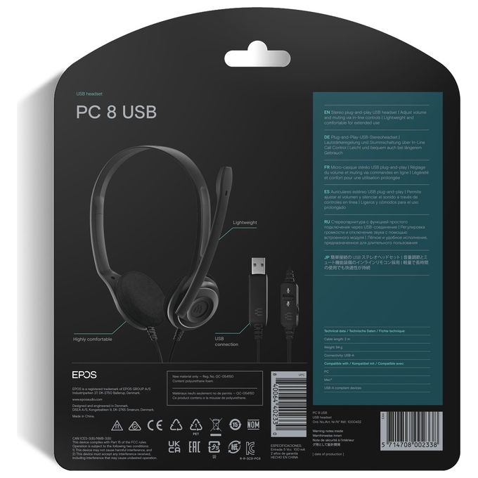 Epos PC 8 USB Cuffie On Ear Stereo con Microfono Noise Cancelling Connessione USB Controllo Volume e Muto In Line colore Nero