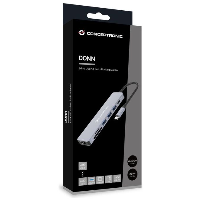 Conceptronic DONN19G Replicatore di Porte e Docking Station per Notebook Cablato Usb 3.2 Gen 1 Type-C Grigio