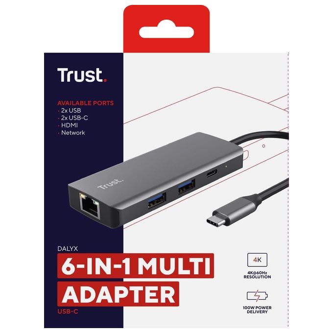 Trust 24968 Dalyx Adattatore Multiporta USB-C 6 in 1 HDMI 4K 60Hz Gigabit Ethernet 2 USB-A 2 USB-C 100W colore Argento