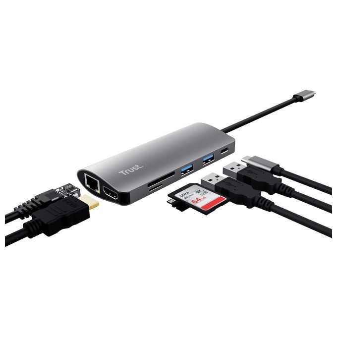 Trust 23775 Dalyx Hub USB-C 7 in 1 HDMI 4K RJ-45 Ethernet USB 3.2 Gen 1 100W Power Delivery colore Alluminio