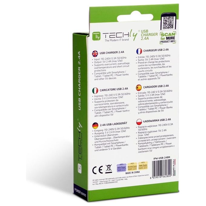 Techly Caricatore Alimentatore Usb-A da Muro 5V 2.4a per Smartphone o Tablet