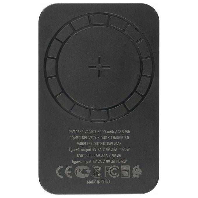 Rivacase VA2603 Power Bank 5000 mAh MagSafe Qi 15W Ricarica Rapida QC 3.0 USB-A USB-C colore Nero
